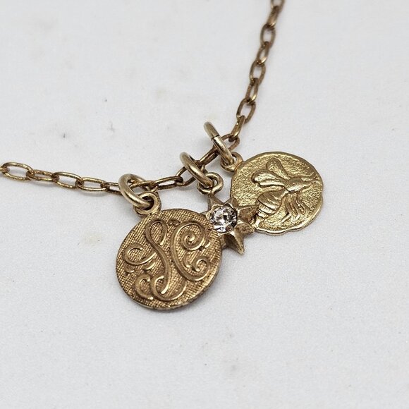 Catherine Popesco France Antiqued Gold Tone 3 Charm Pendant Necklace Bee Star - Picture 7 of 12
